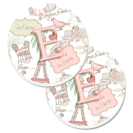 Carolines Treasures Letter E Love in Paris Pink Set of 2 Cup Holder Car Coaster CJ2002-ECARC